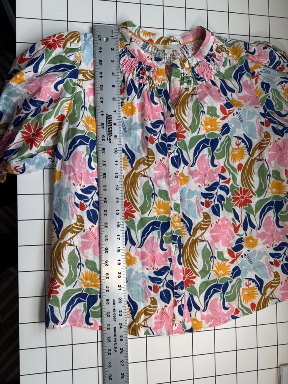 Boden Linen Floral Button-Front Top in Pink, Blue & Brown - Picture 7 of 7
